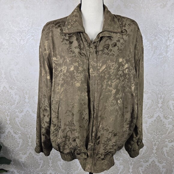 FUDA International Sz Large Olive Green 100% Silk Bomber Jacket Seashell Pattern - Picture 1 of 14